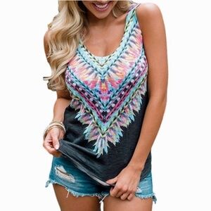 Xync Black Multi Top Tank Shirt Bold Geometric Graphic Tie Dye Tribal print NIP